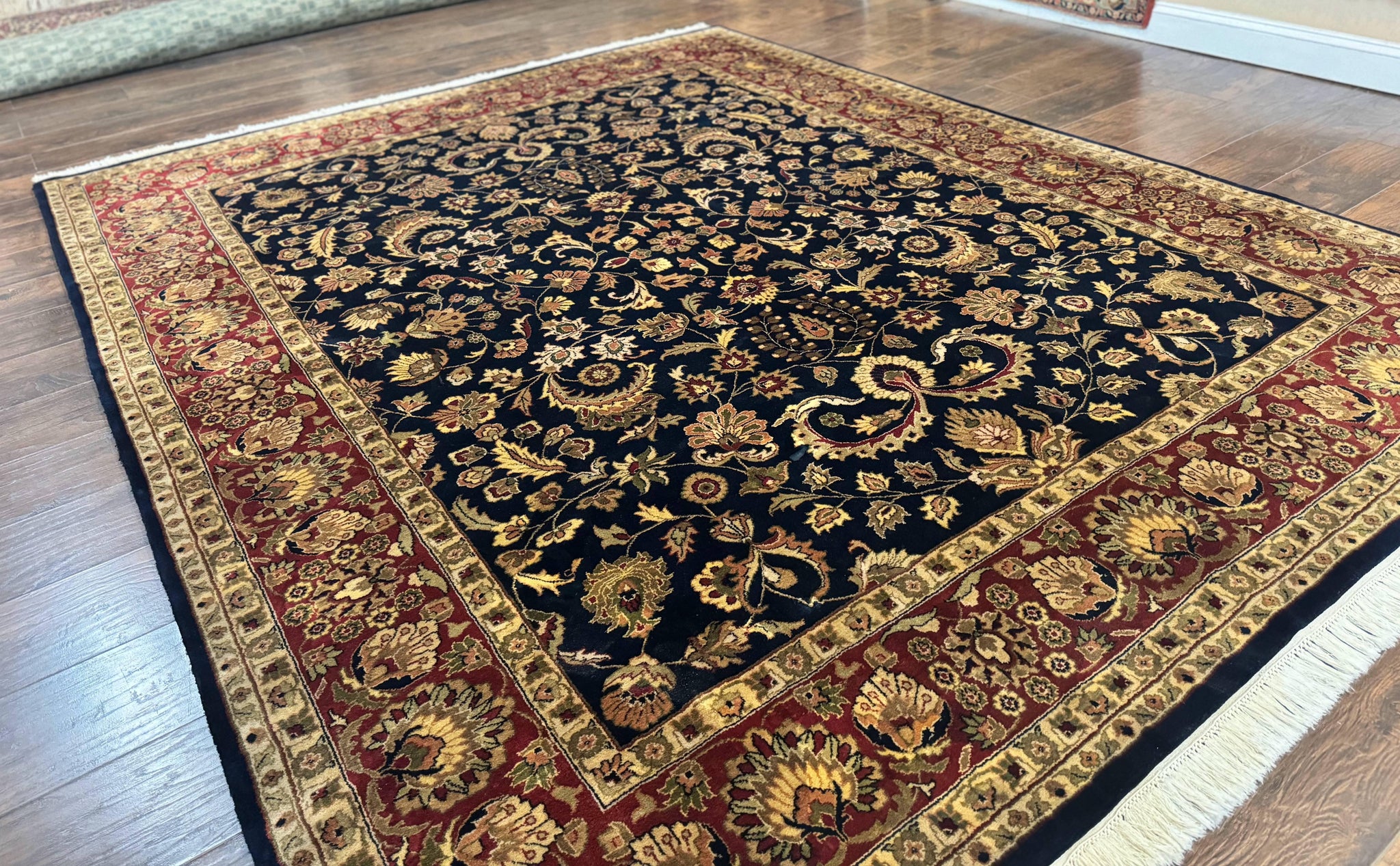 Indo Persian Rug 8x10, Navy Blue and Red, Floral Allover, Hand Knotted Vintage Wool Carpet, Indo Sarouk by Jewel Rugs