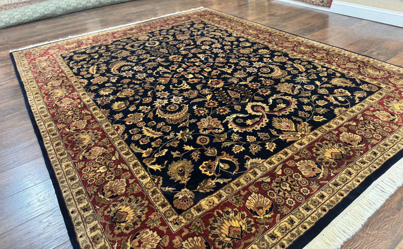 Indo Persian Rug 8x10, Navy Blue and Red, Floral Allover, Hand Knotted Vintage Wool Carpet, Indo Sarouk by Jewel Rugs