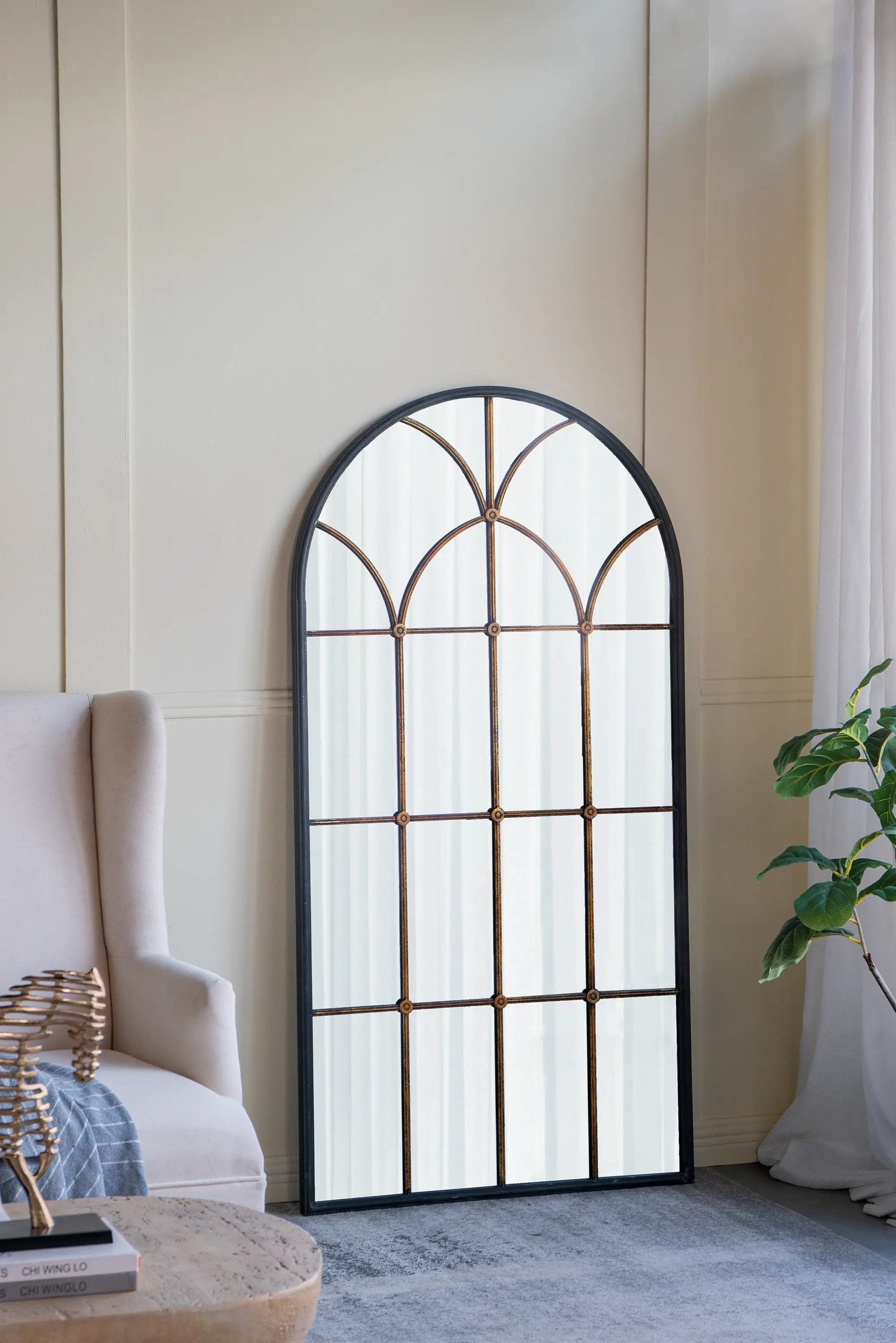 34x65.5' Arched Full-Length Mirror with Black and Gold Windowpane Design by HouseOfZazla