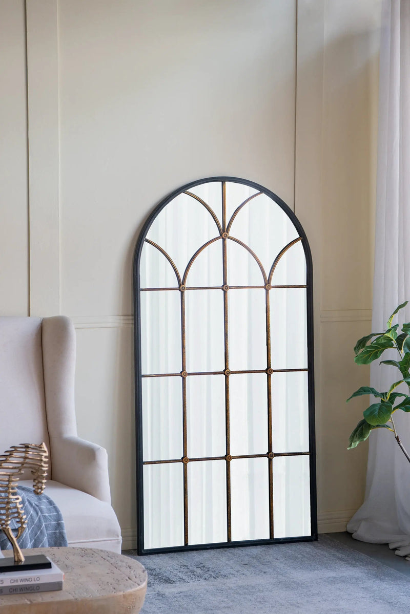 34x65.5' Arched Full-Length Mirror with Black and Gold Windowpane Design by HouseOfZazla