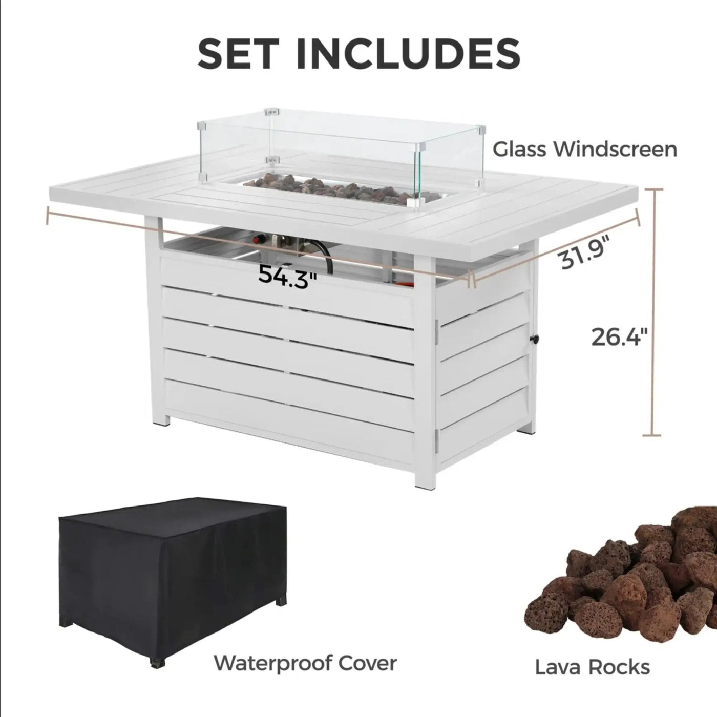 Rectangular Propane Fire Pit Table With Burner, Lava Rock, Waterproof Cover by HouseOfZazla