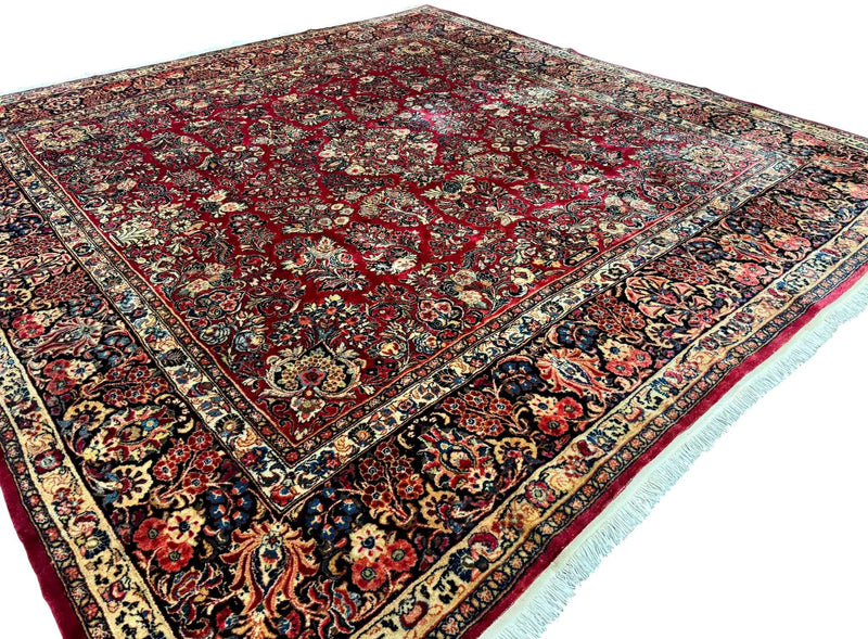 Persian Sarouk Rug 10x10, Square Persian Carpet, Red, Floral, Antique by Jewel Rugs