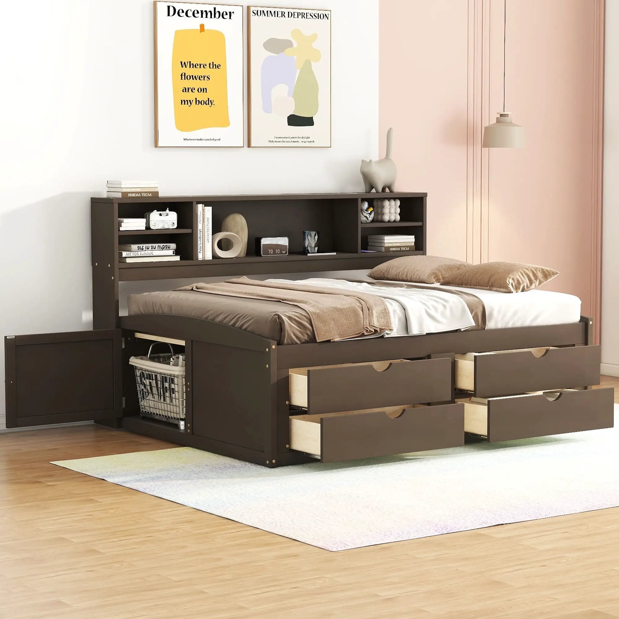 Daybed With 2 Bedside Cabinets, Upper Shelves And 4 Drawers by HouseOfZazla