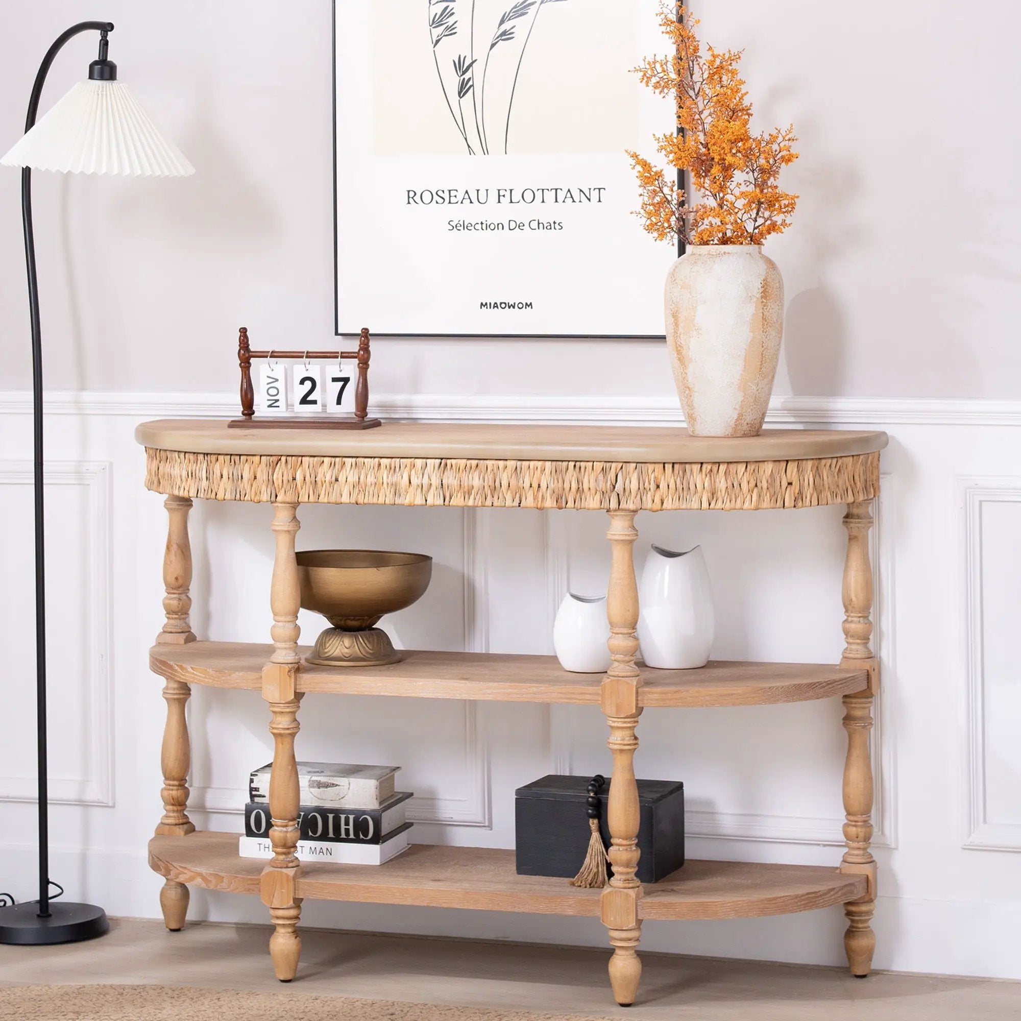Handcrafted Console Table With Hand Woven Trim, 3 Tier Storage Shelves - Natural by Unique Piece Furniture