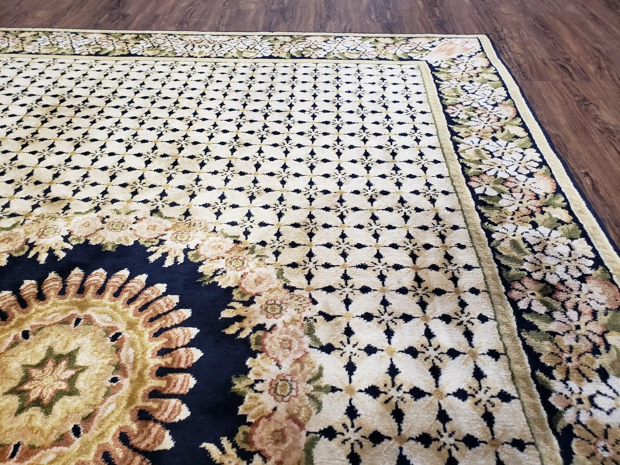 Indian Rug with Tibetan Weave, 6x8 - 6x9 Rugs, Indo-Tibetan Rug, Black and Cream Beige Tan, Floral Border, Soft Rug, Handmade Area Rug, Wool by Jewel Rugs
