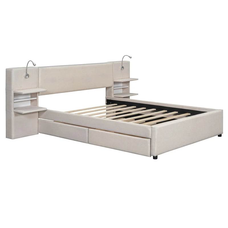 Upholstered Platform Bed With Reading Lights, Drawers, Trundle And Shelves by HouseOfZazla