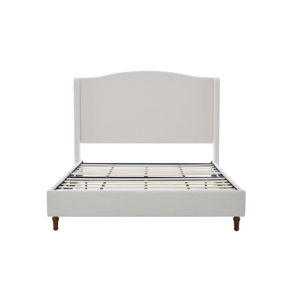 Beige Upholstered Wingback Bed with Tall Headboard – King or Queen