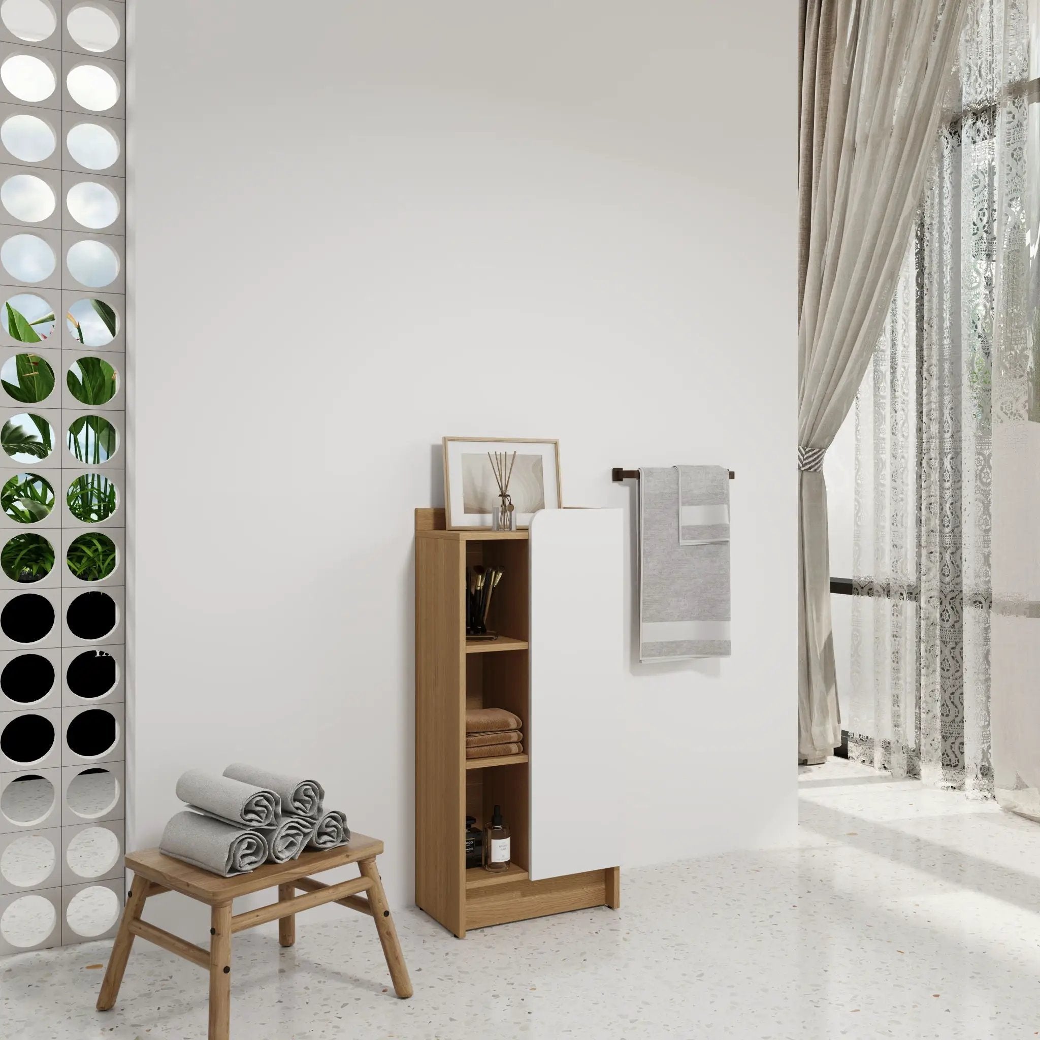 Freestanding Bathroom Side Cabinet, Narrow Storage Cabinet With Single Door & 3 Tier Open Shelves - Black / Light Oak / White by HouseOfZazla