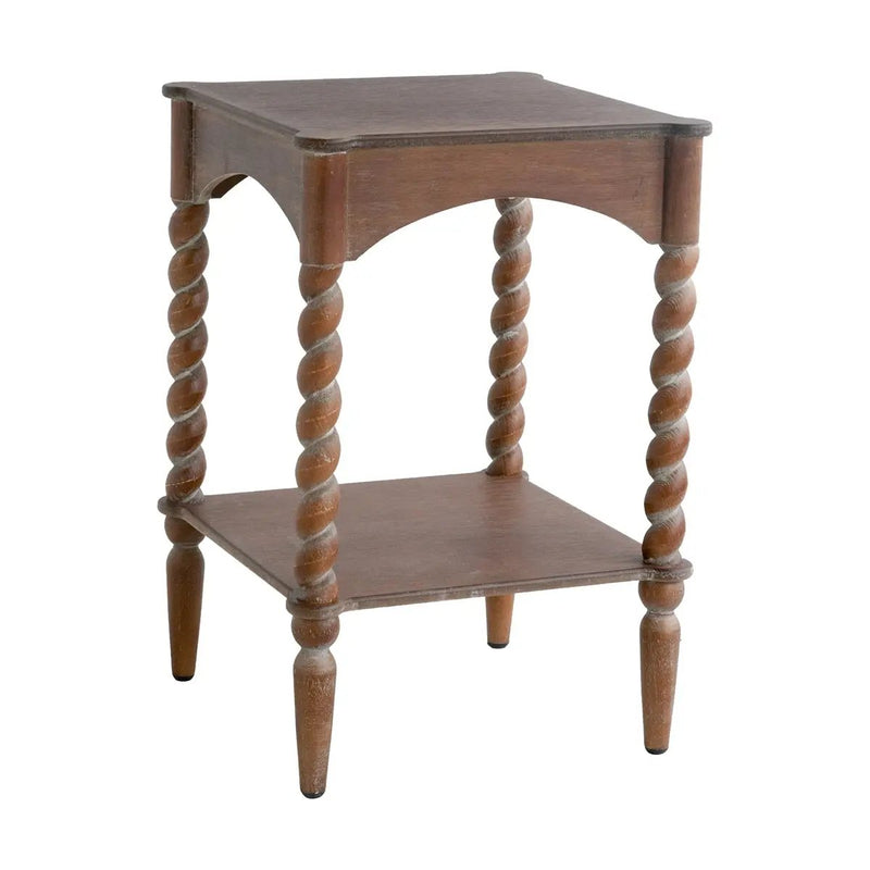 15.5x15.5x23.5' Distressed Brown Wood Side Table with Turned Spiral Legs and Lower Shelf by HouseOfZazla