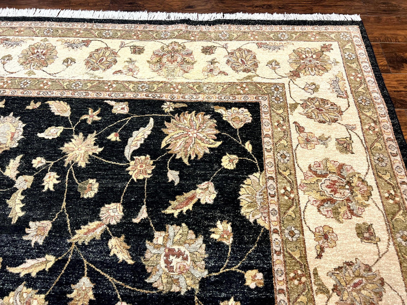 Indo Persian Rug 10x14, Charcoal and Beige, Floral Allover, Handmade Vintage Wool Carpet by Jewel Rugs