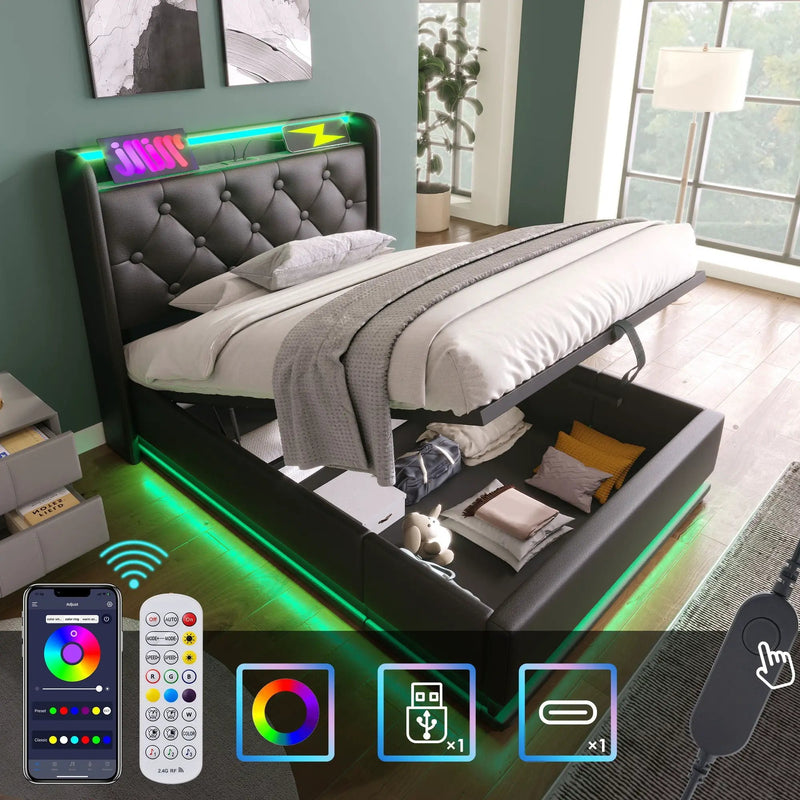 Upholstered Bed, 360 Surround LED Function, Remote Control, Hydraulic Storage Bed With USB, Type-C Charging (Without Mattress) by HouseOfZazla