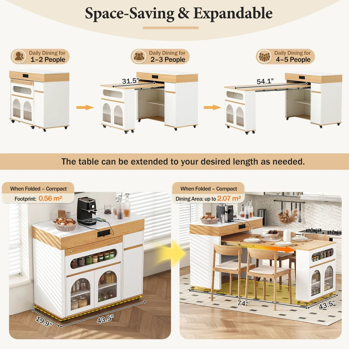 Extendable Dining Table With Folding Top, Rolling Kitchen Island With Drawers And Power Outlet by HouseOfZazla