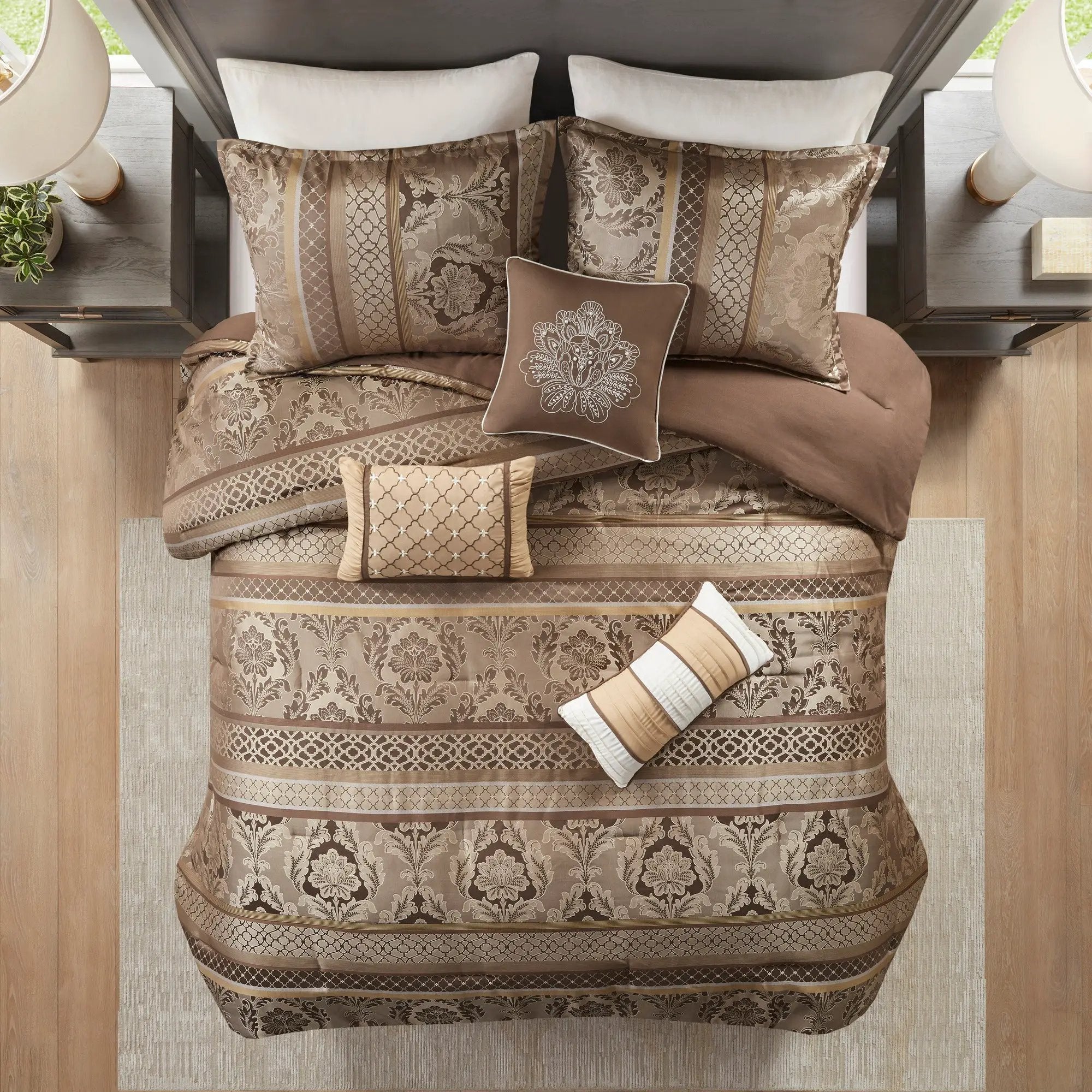 7 Piece Jacquard Comforter Set - Brown/Gold King by HouseOfZazla