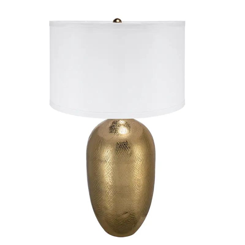 D18x31" Round Aluminum Sheet Gold Table Lamp with White Fabric Shade by HouseOfZazla