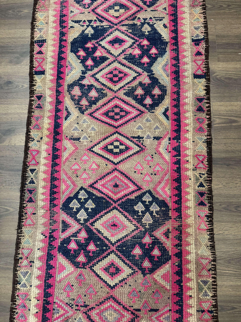 Turkish Runner Rug 3x10, Pink and Navy Blue, Bohemian Runner for Hallway or Kitchen, Vintage, Geometric, Tribal by Jewel Rugs