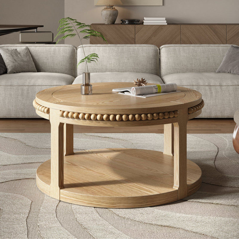 31.5 Inch Round Solid Wood Coffee Table & Sofa Table - Two-Tier Thickened Top, Sturdy Legs, Circle Table for Living Room (Natural Wood), photo 5 of 10