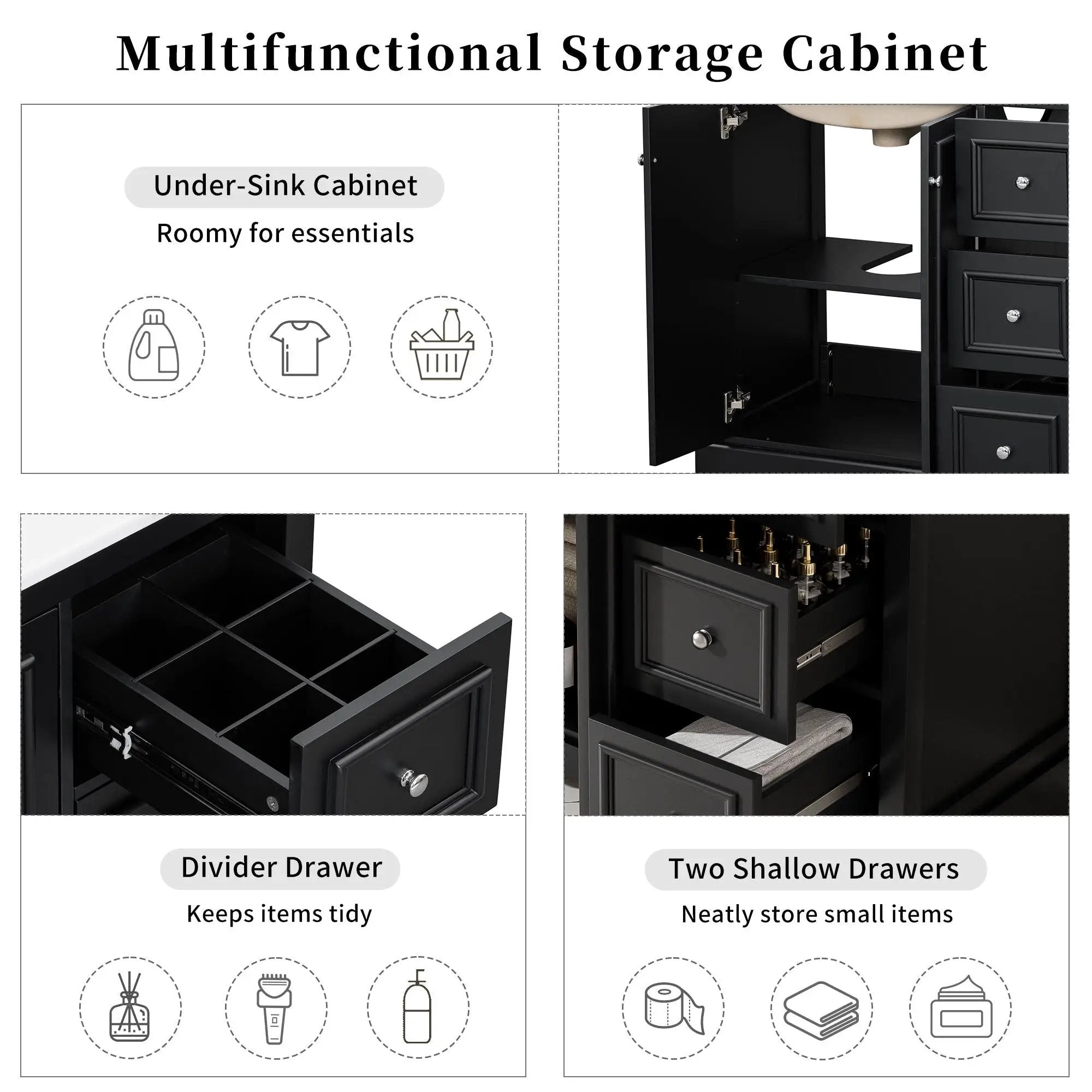 Bathroom Vanity With Sink, Soft-Close Doors, Adjustable U-Shelf, 3 Drawers by Unique Piece Furniture