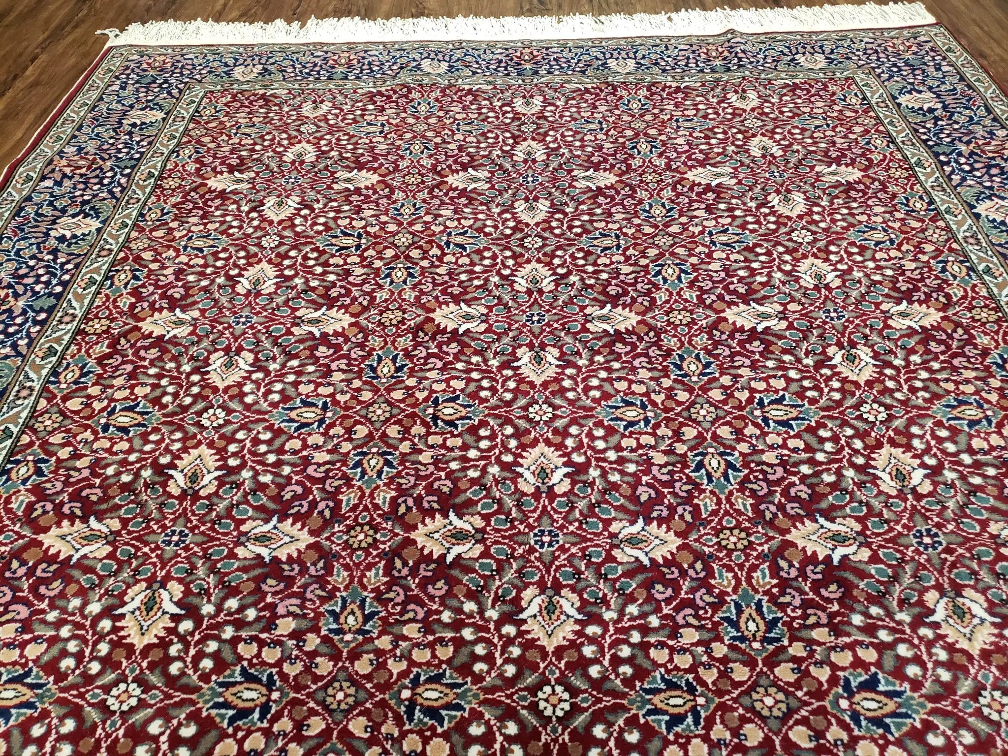 Vintage Turkish Sivas Area Rug 6.5 x 9.5, Wool Hand-Knotted Red & Midnight Blue Allover Floral Pattern Oriental Carpet, 6x9 Traditional Rug by Jewel Rugs