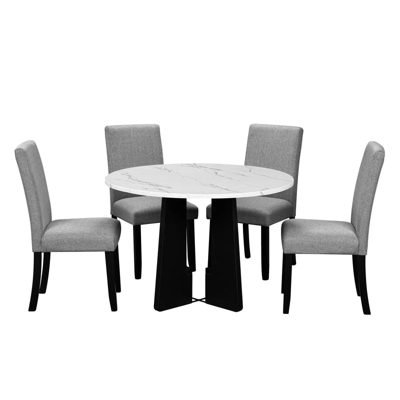 5 Piece Round Dining Table Set, Dining Table And 4 Upholstered Chairs For Dining Room, Kitchen Room, Living Room - White / Gray by HouseOfZazla