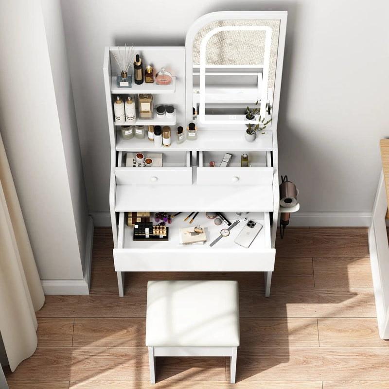 Fashion Vanity Desk With Mirror And Lights For Makeup, Hair Dryer Holder And Chair, Adjustable Lighting - White by HouseOfZazla