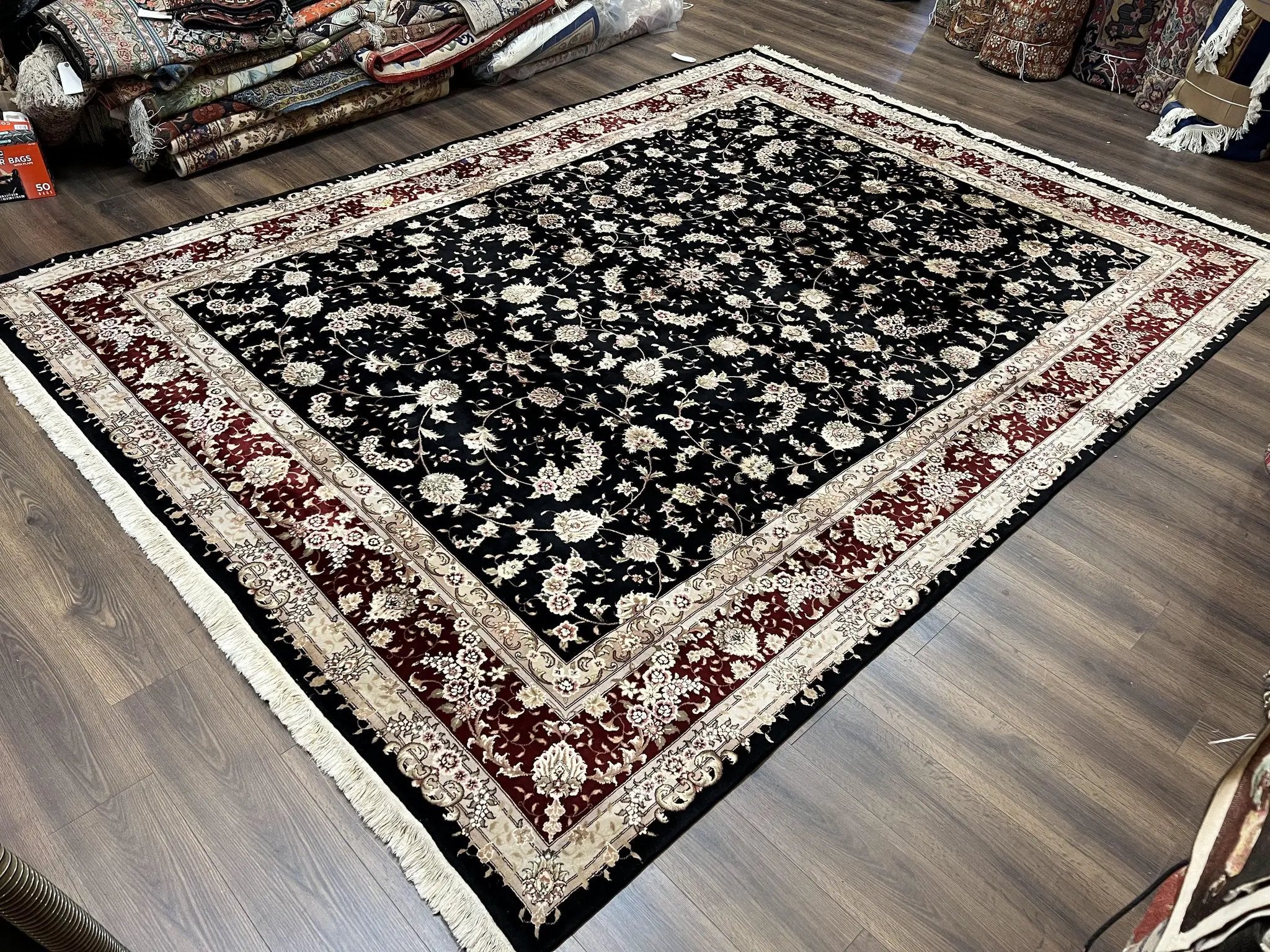 Sino Persian Rug 9x12, High Quality Oriental Carpet, Black and Maroon, Wool and Silk, Allover Floral Pattern, Hand Knotted, Vintage Rug Nice by Jewel Rugs