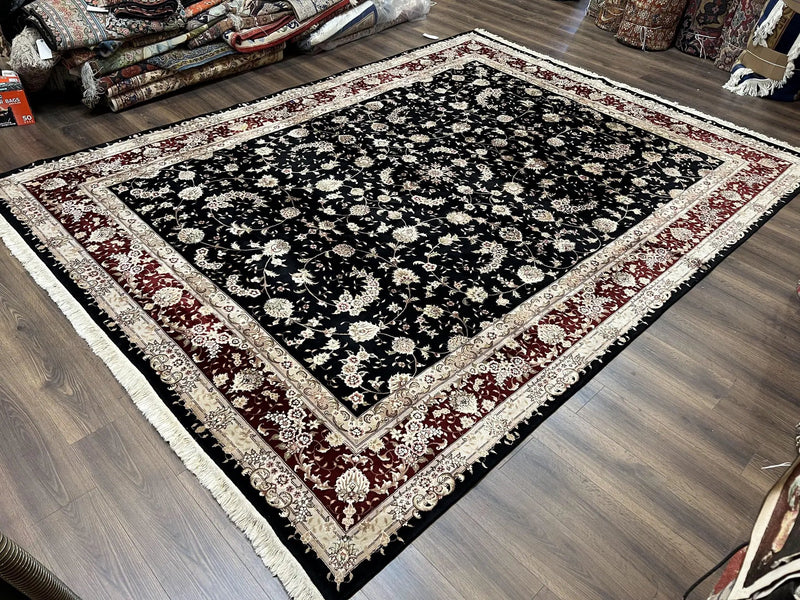 Sino Persian Rug 9x12, High Quality Oriental Carpet, Black and Maroon, Wool and Silk, Allover Floral Pattern, Hand Knotted, Vintage Rug Nice by Jewel Rugs