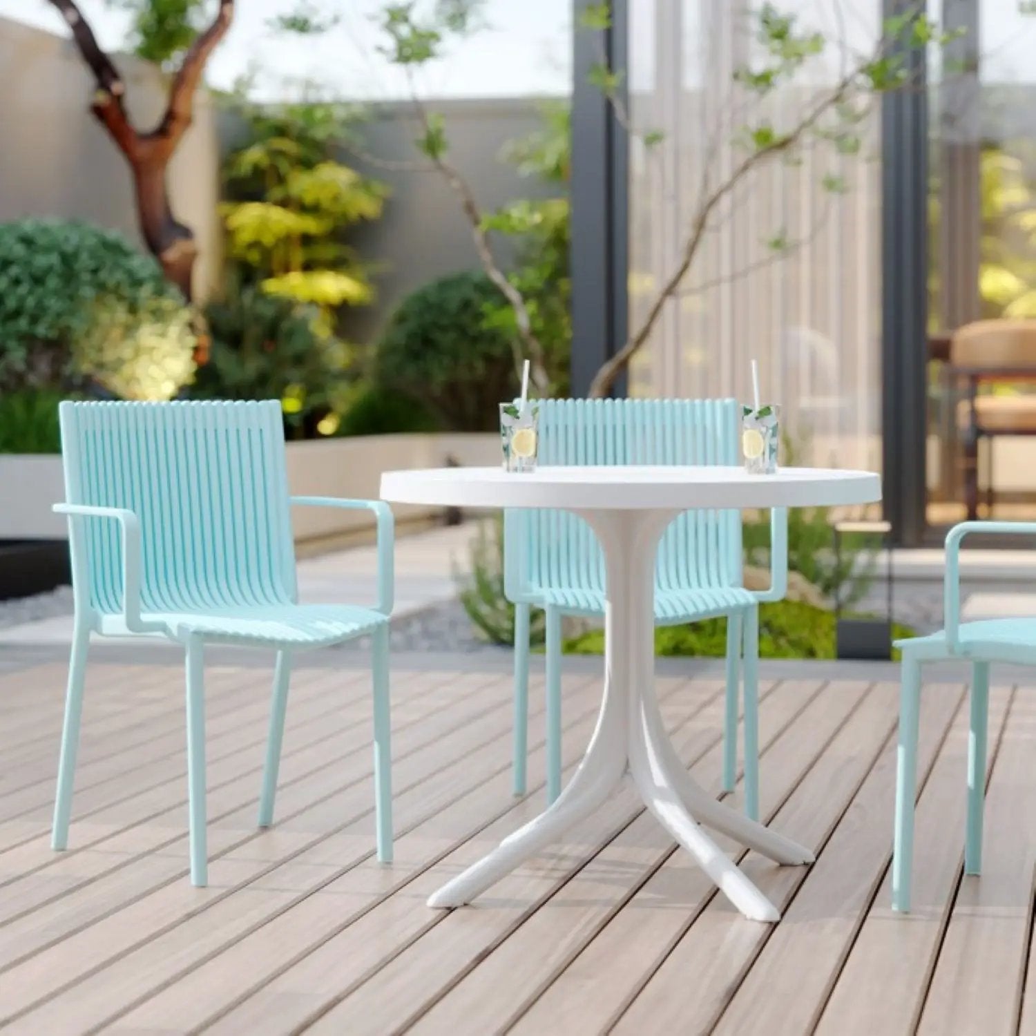 4 Modern Stackable Plastic Armchair Matched With Round Table by Unique Piece Furniture