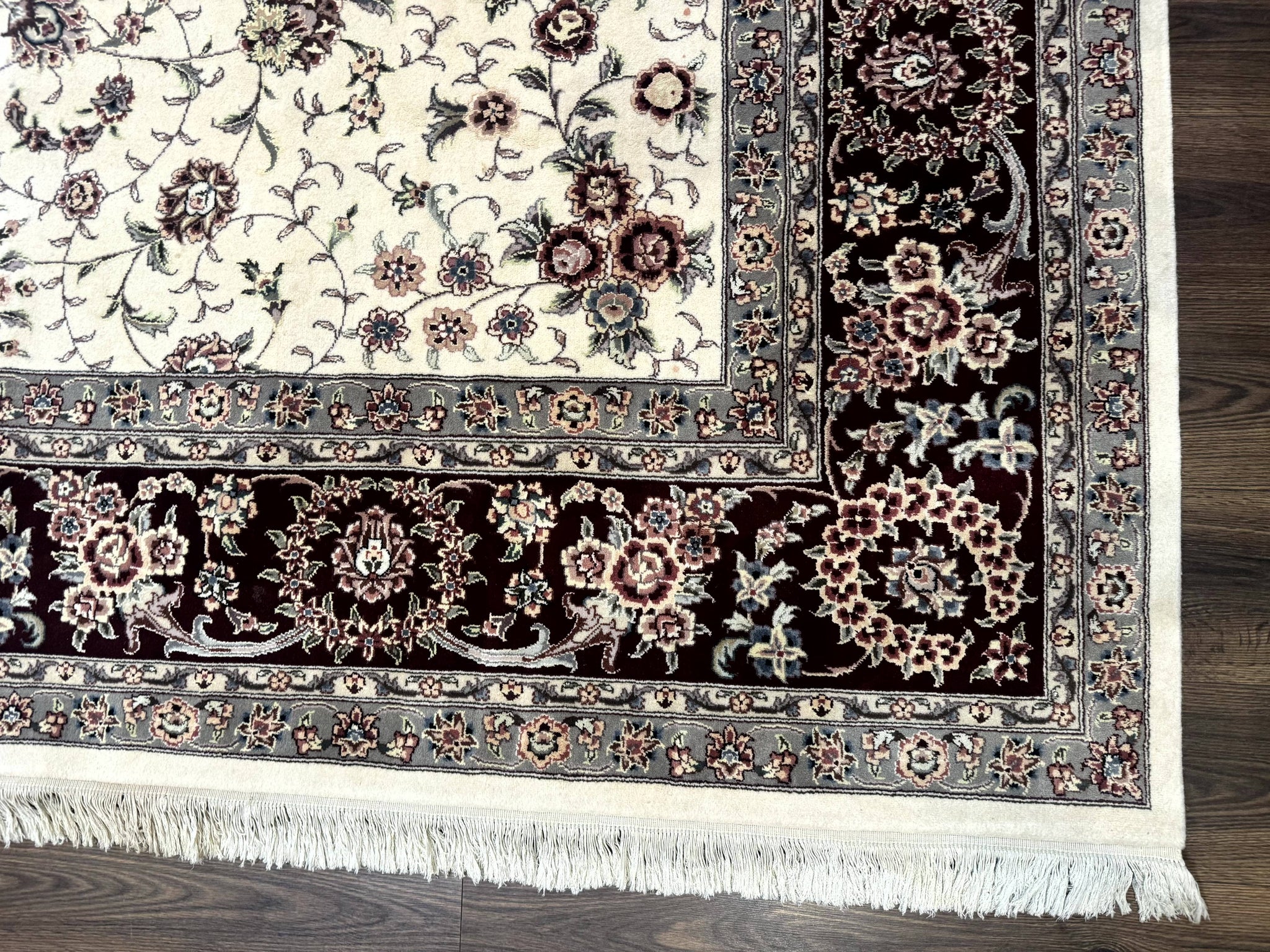 Sino Persian Rug 9x12, Floral Allover Design, 170 KPSI, Ivory and Dark Maroon by Jewel Rugs