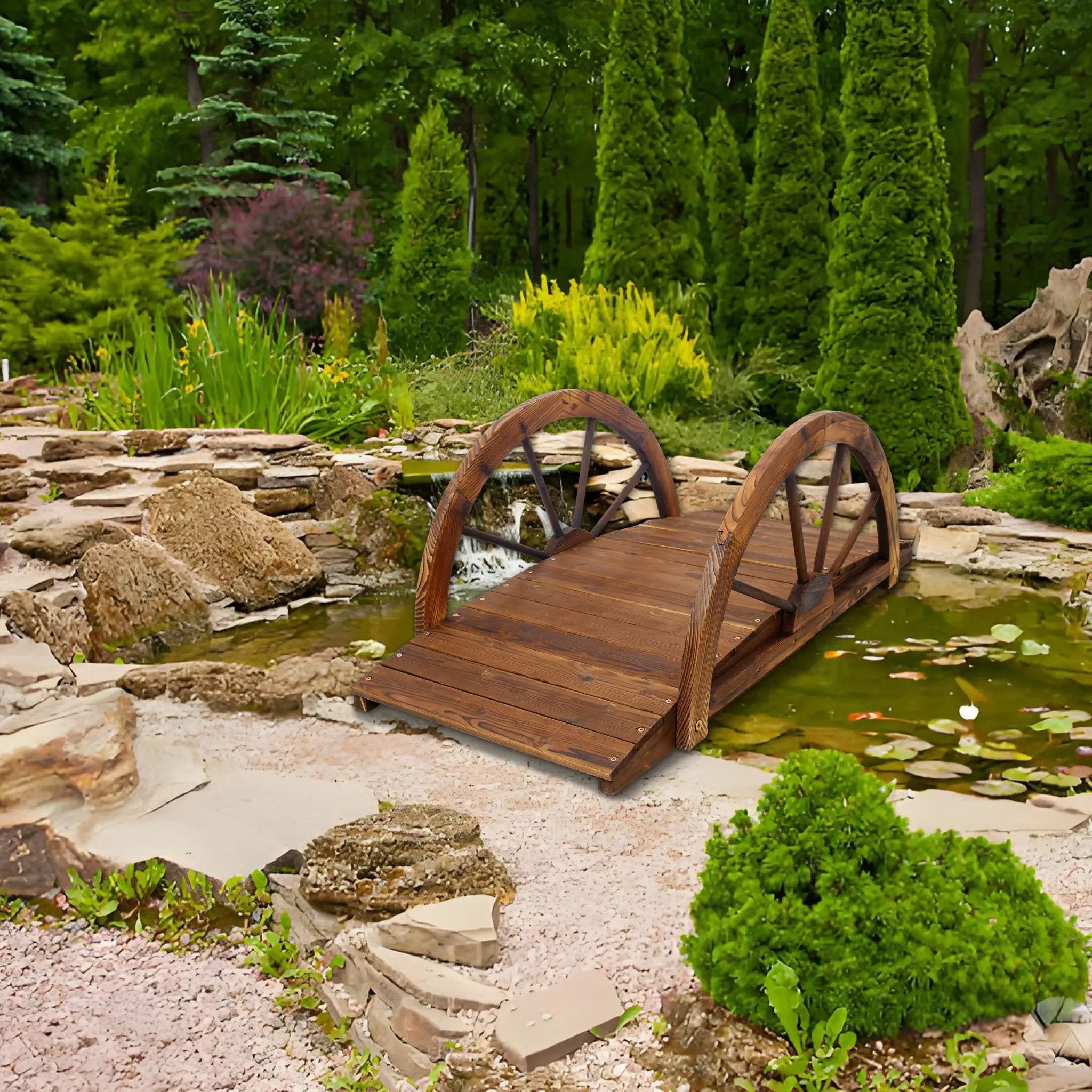Wooden Garden Bridge Arc Footbridge With Half Wheel Railings Solid Fi - Brown by Unique Piece Furniture