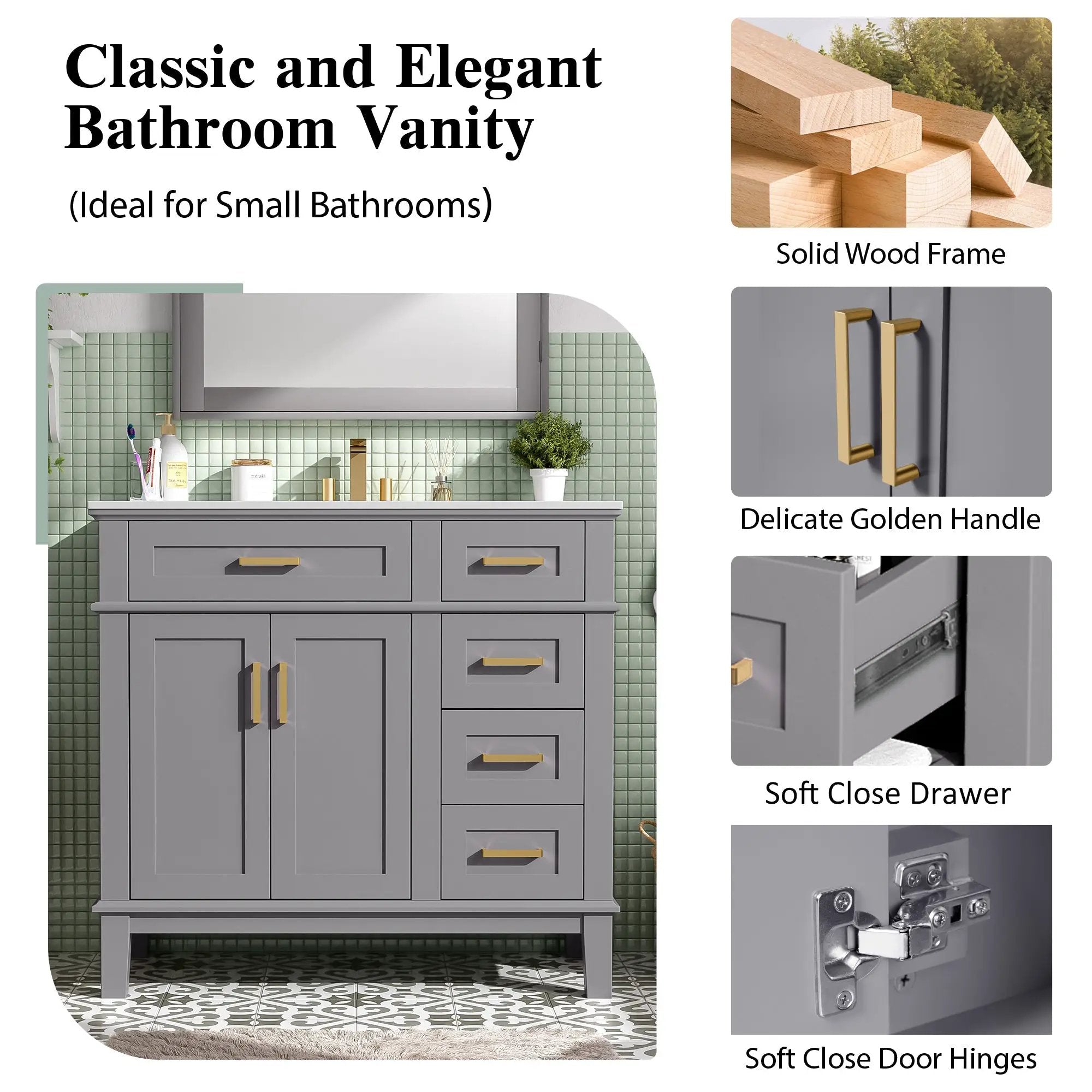 36" Gray Modern Bathroom Vanity with Ceramic Sink by HouseOfZazla