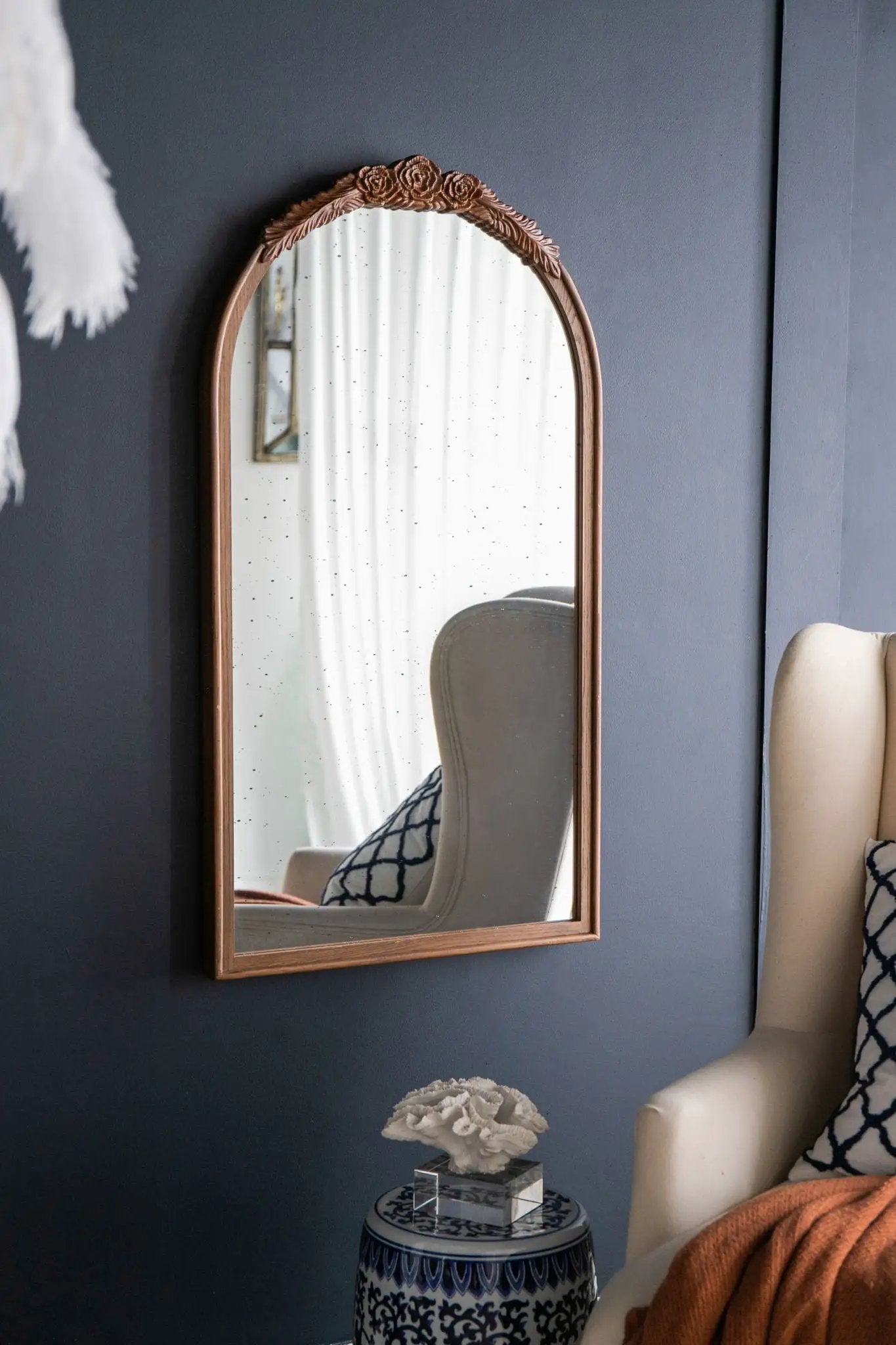 Hand Carved Rose Antique Mirror Frame, Wood Arch Mirror Wall Decor For Living Room by HouseOfZazla