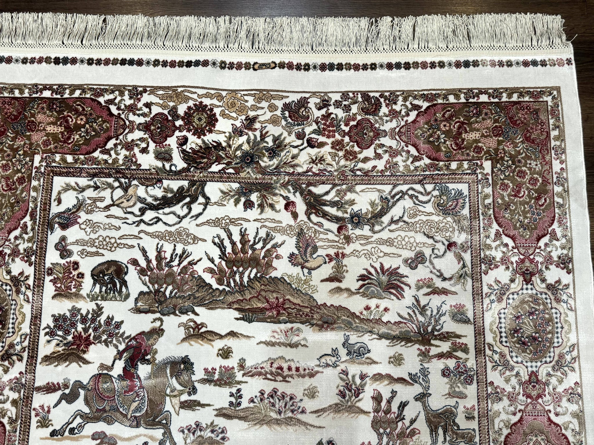Turkish Silk Hunting Scene Rug 4x6, Ivory, Bamboo Silk, New by Jewel Rugs