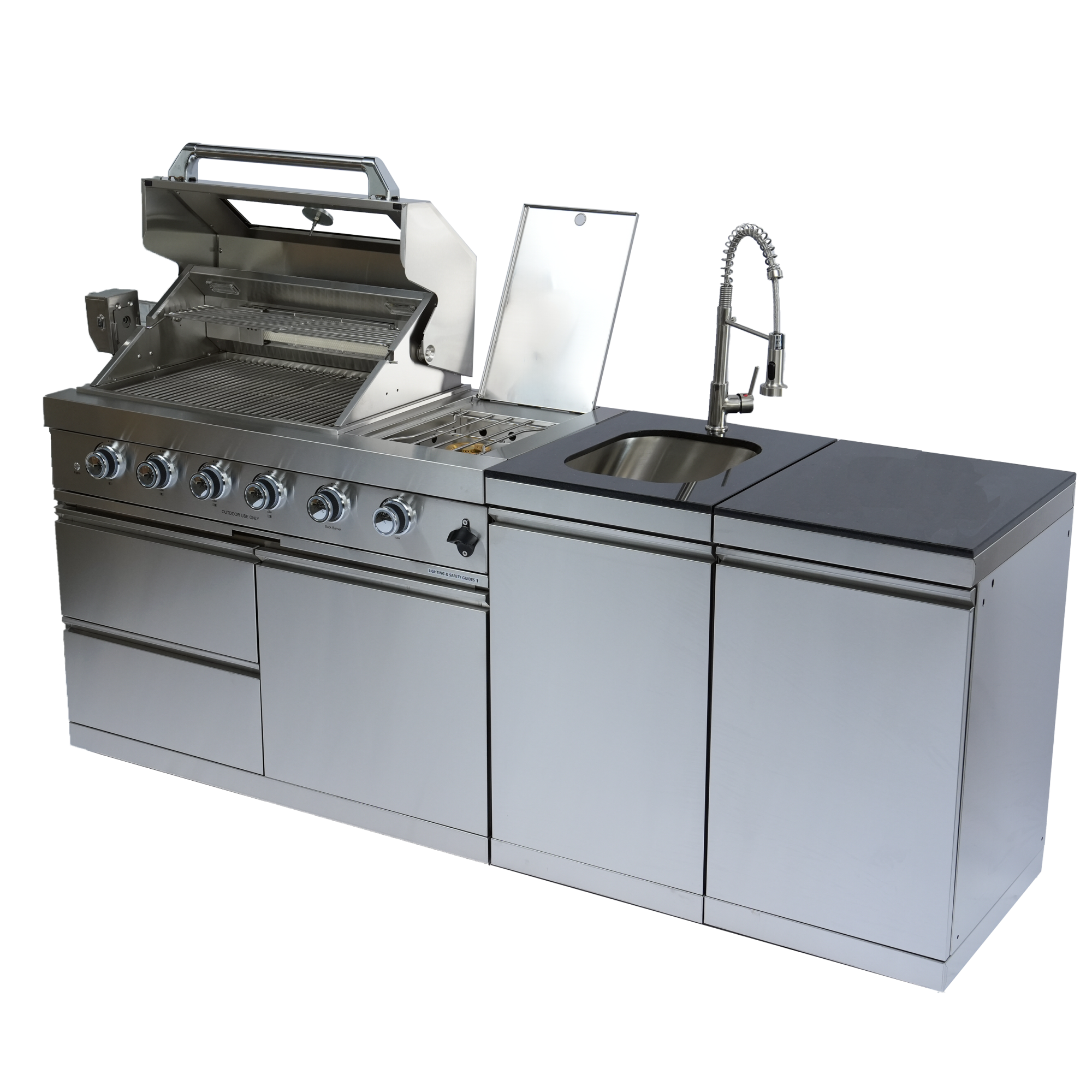 NG 85" 4-Burner 72,000 BTU Silver Outdoor Kitchen Island Grill + Side B & Storage Cabinets & Sink by Chery Industrial