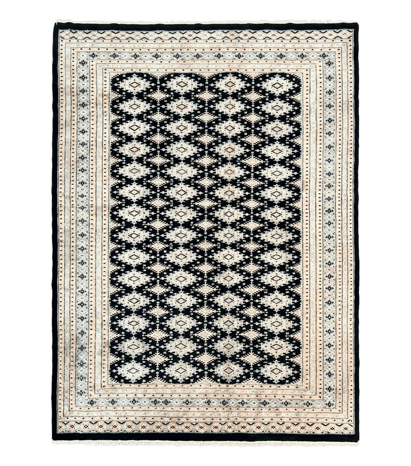 Pakistani Bokhara Rug 6x9, Hand Knotted Vintage Wool Carpet with Silk Highlights, Very Fine 320 KPSI, Medium Size by Jewel Rugs
