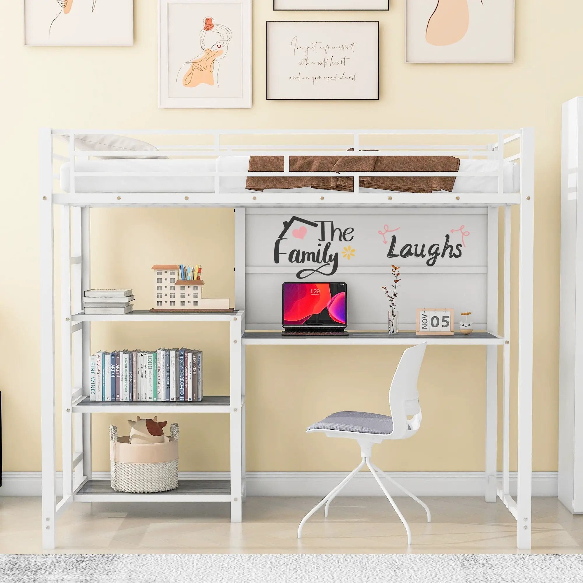 Metal Loft Bed With Desk, 3 Shelves And Ladder by Unique Piece Furniture