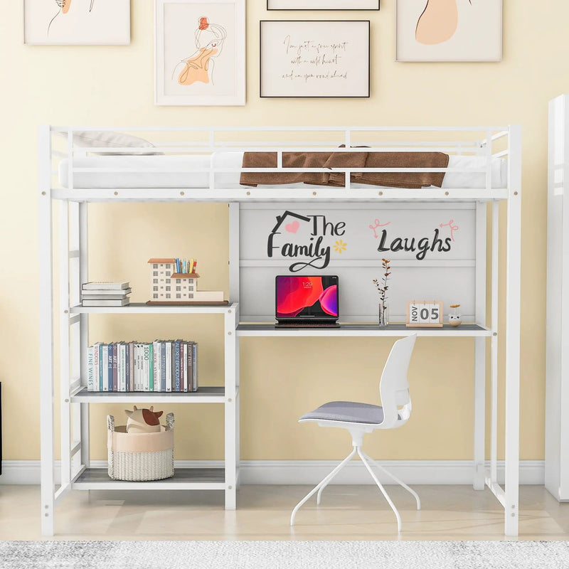 Metal Loft Bed With Desk, 3 Shelves And Ladder by Unique Piece Furniture