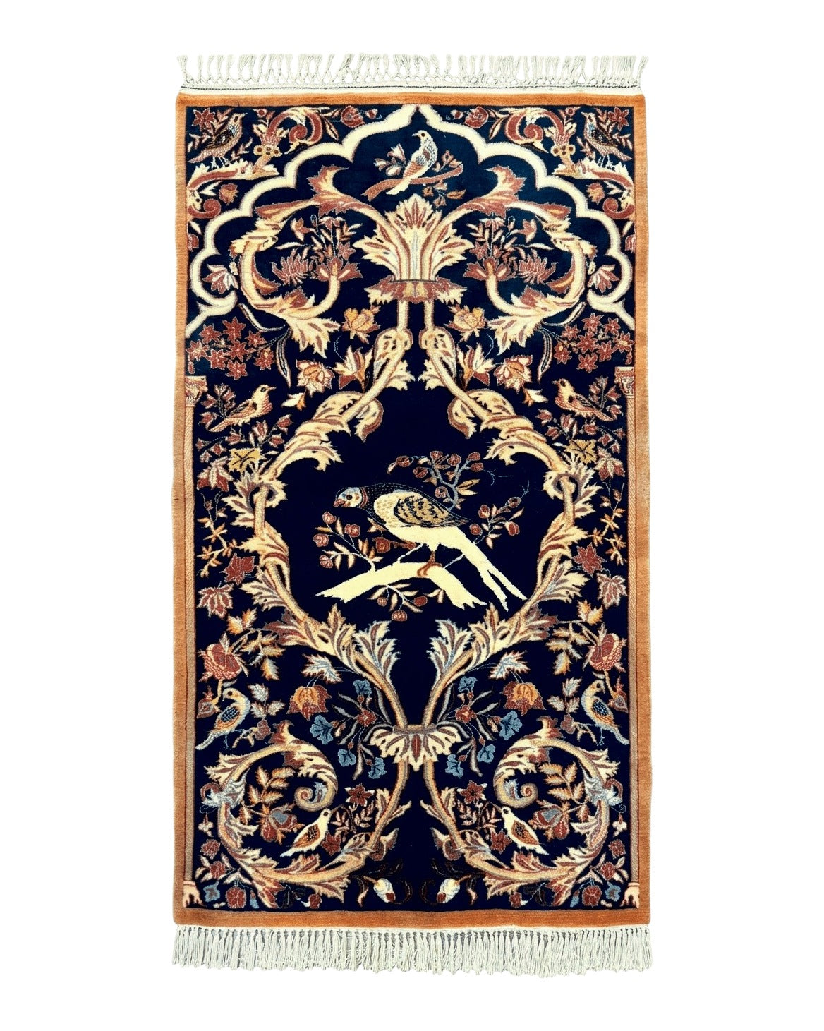 Persian Isfahan Rug 2x4, Birds, Navy Blue, Kork Wool on Silk Foundation, 460 KPSI by Jewel Rugs