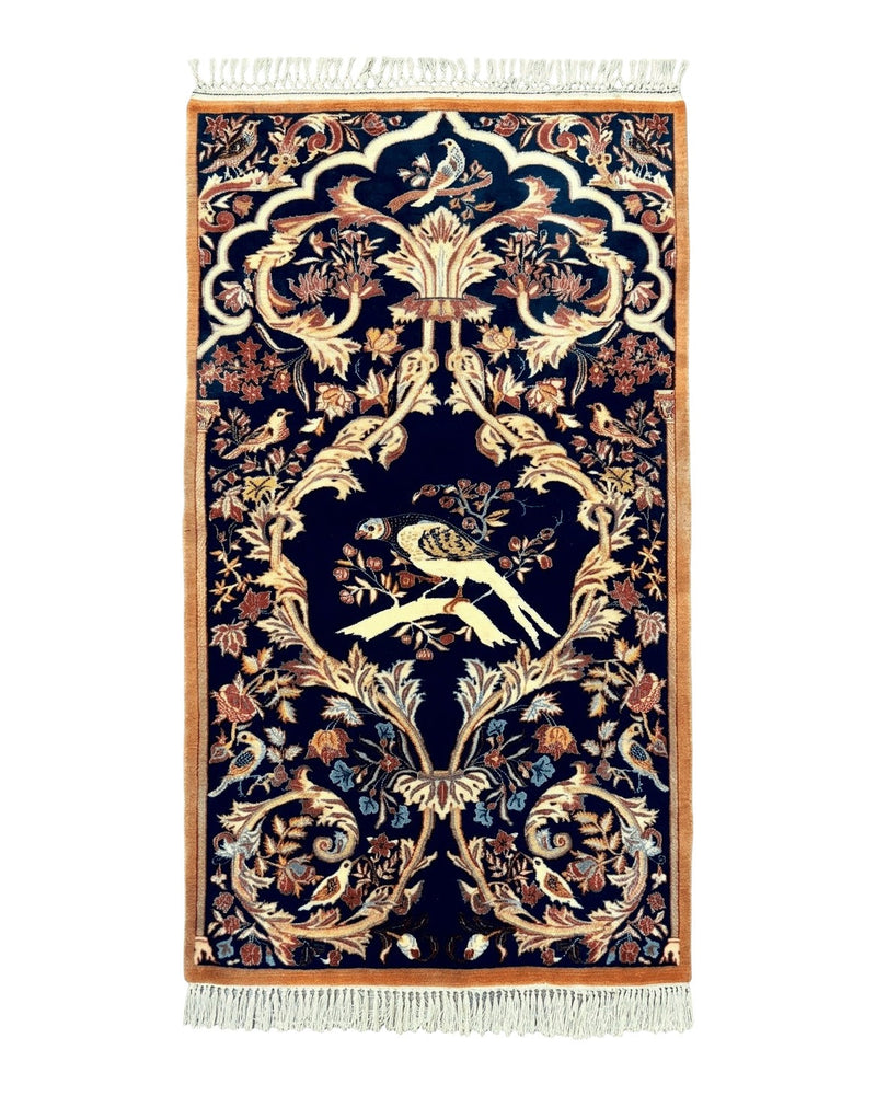 Persian Isfahan Rug 2x4, Birds, Navy Blue, Kork Wool on Silk Foundation, 460 KPSI by Jewel Rugs