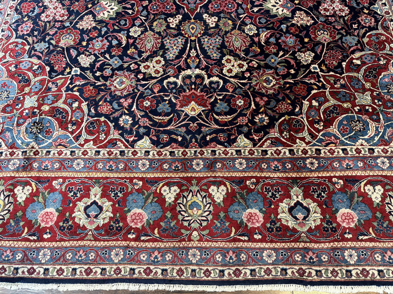 Navy Blue Persian Rug 9x12, Antique Persian Carpet, Kork Wool, 200 KPSI, Persian Kashan Rug by Jewel Rugs