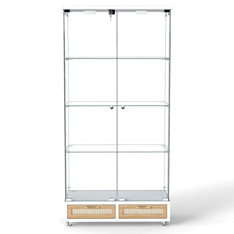 Glass Display Cabinet With LED Lights, Tempered Glass Doors, Large Drawers, 2 Door Storage Case With 4 Shelves - Natural / White by HouseOfZazla