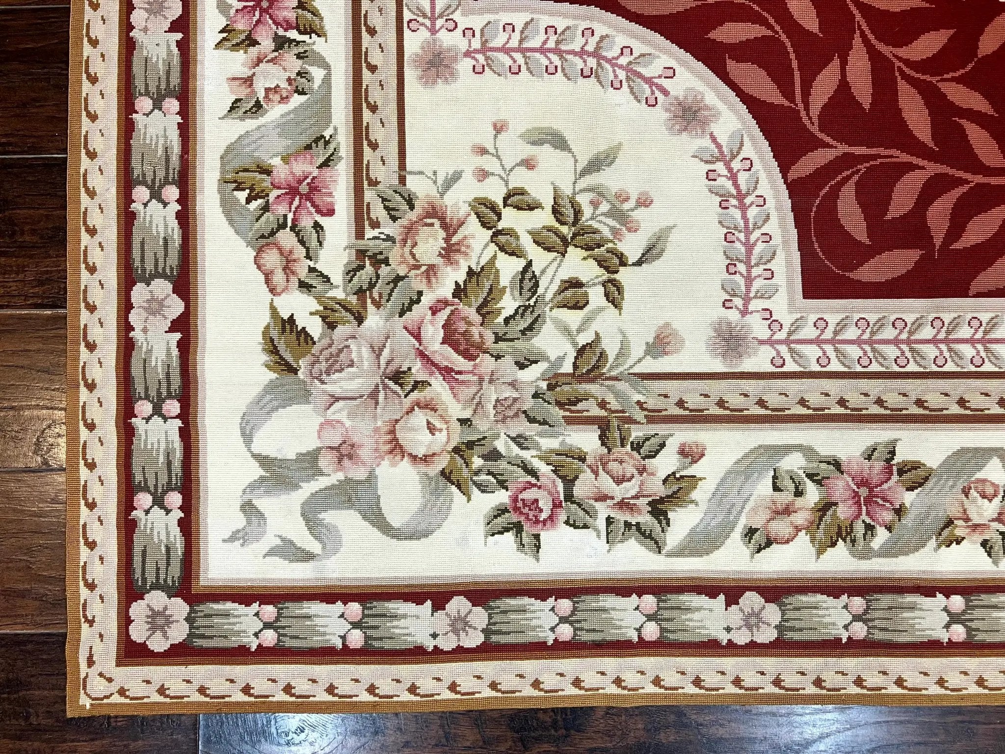 Wonderful Aubusson Rug 9x12, Handmade Vintage Needlepoint Carpet, Red and Ivory, Elegant European Design, Wool by Jewel Rugs