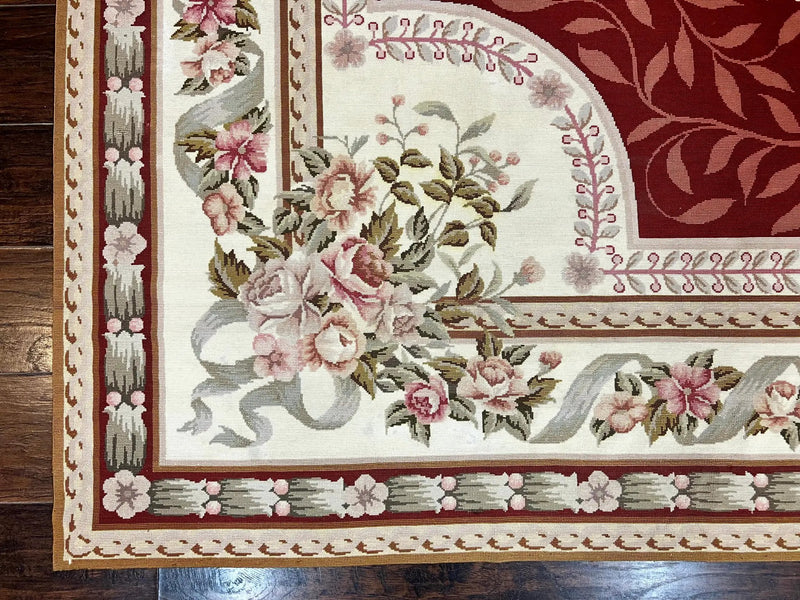 Wonderful Aubusson Rug 9x12, Handmade Vintage Needlepoint Carpet, Red and Ivory, Elegant European Design, Wool by Jewel Rugs