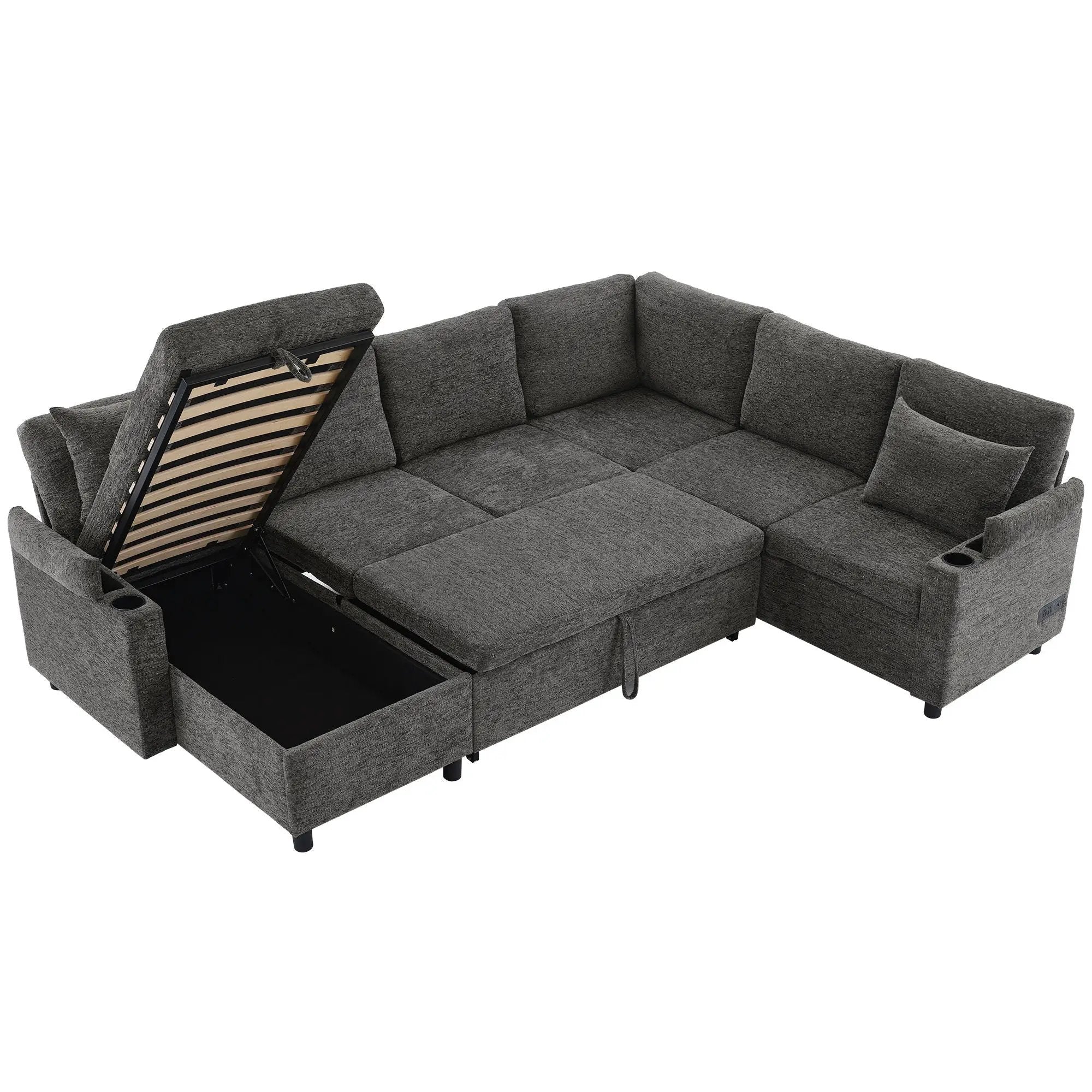 U-Shaped Sectional Sleeper Sofa With Ample Storage Space, 2 Cup Holders And Charging Ports For Living Room by HouseOfZazla