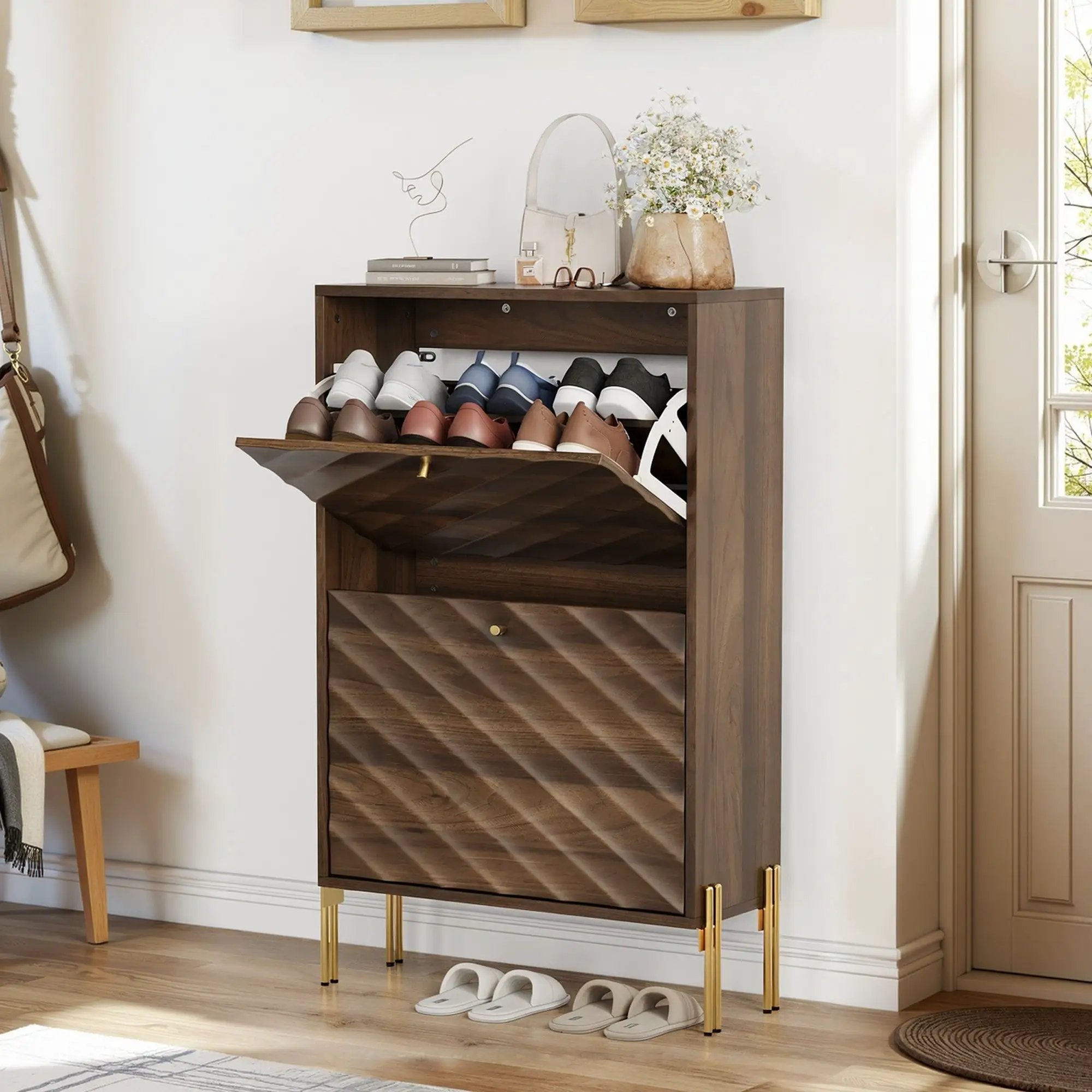 Shoe Cabinet, Freestanding Organizer For Entryway - Walnut by Unique Piece Furniture