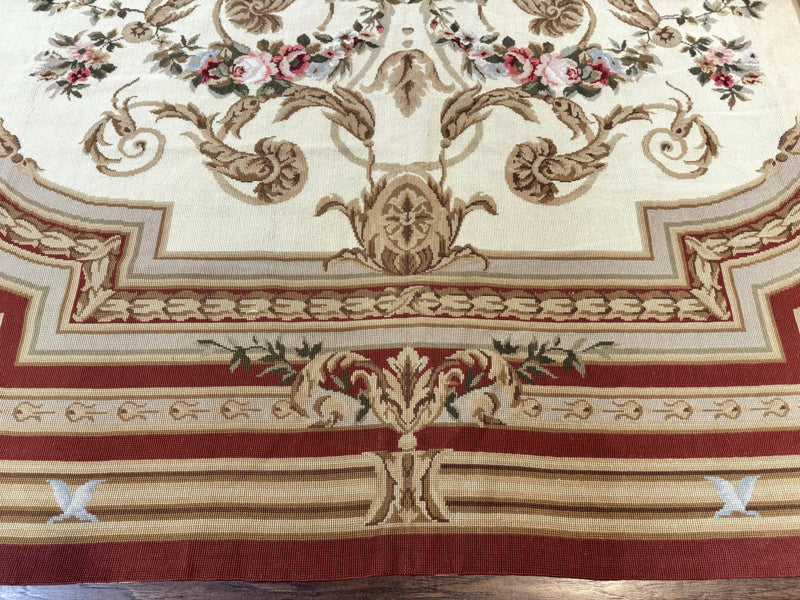 Aubusson Needlepoint Rug 9x11, Handmade Vintage Wool Flatweave Carpet, Elegant European Rug, Floral, Cream by Jewel Rugs