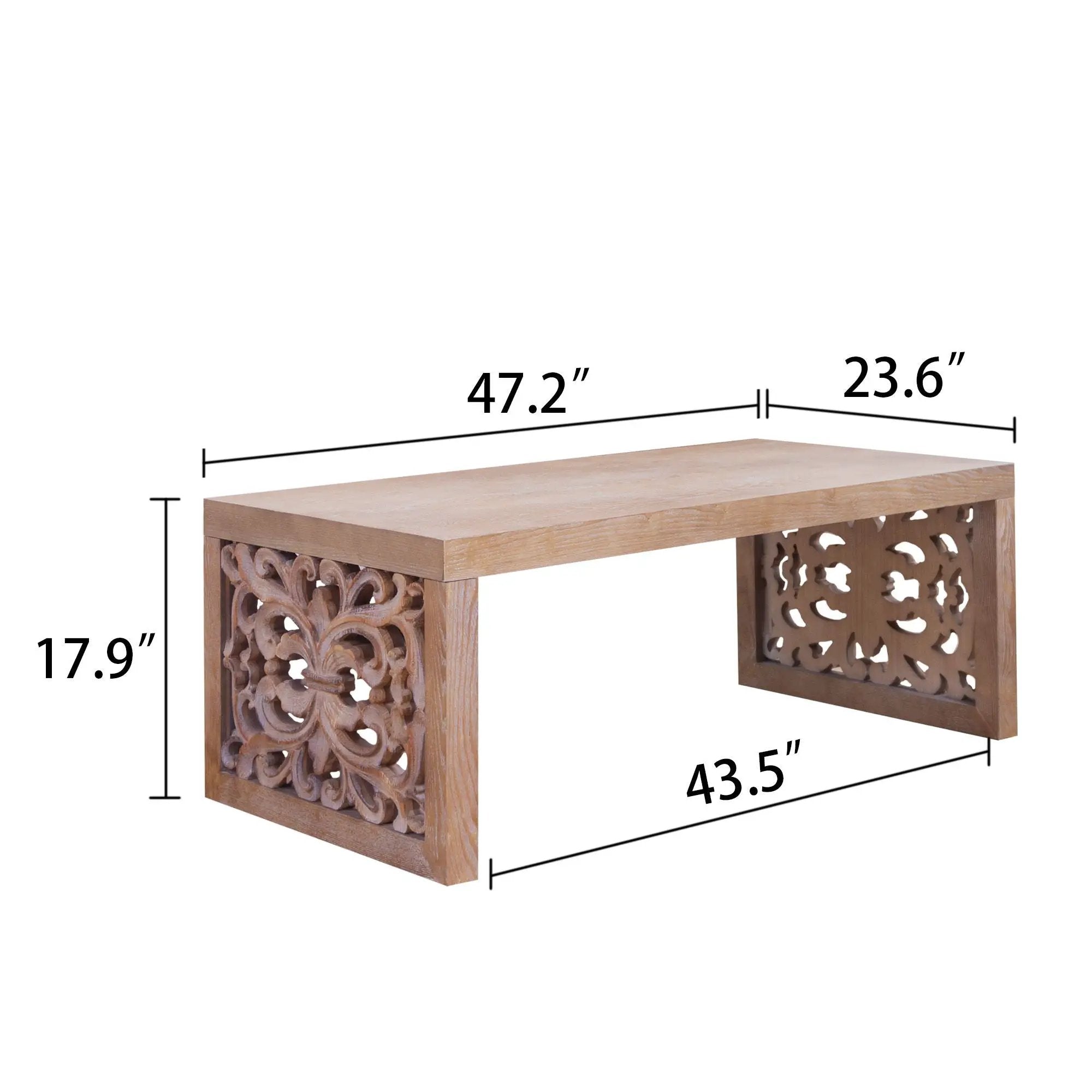 Rustic Carved Wood Coffee Table, Handcrafted Look With Ornate Side Panels by Unique Piece Furniture