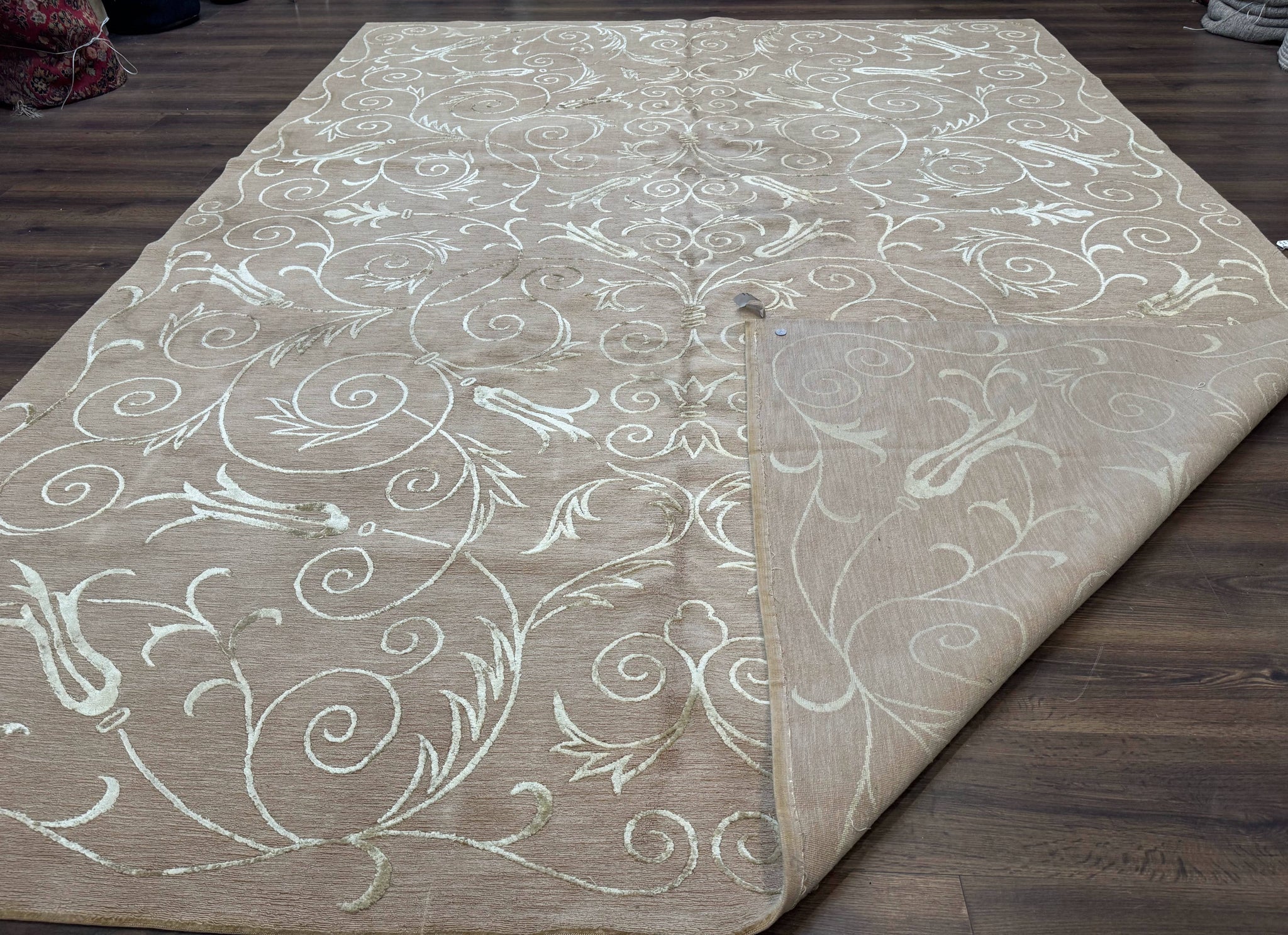 Tibetan Rug 9x12 Wool and Silk Beige Modern Handmade Carpet by Jewel Rugs