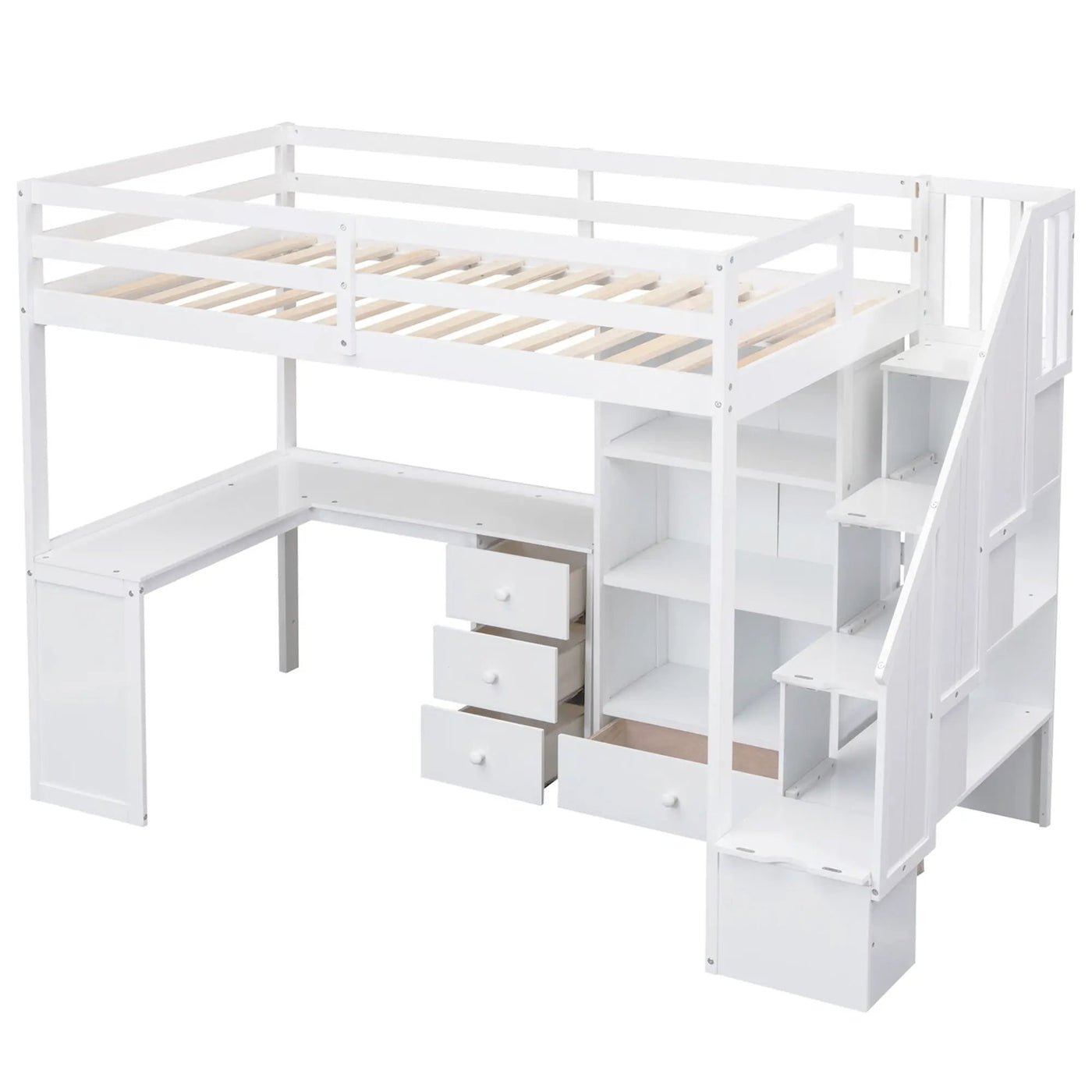Loft Bed With L Shaped Desk, Drawers, Cabinet, And Storage Staircase by Unique Piece Furniture