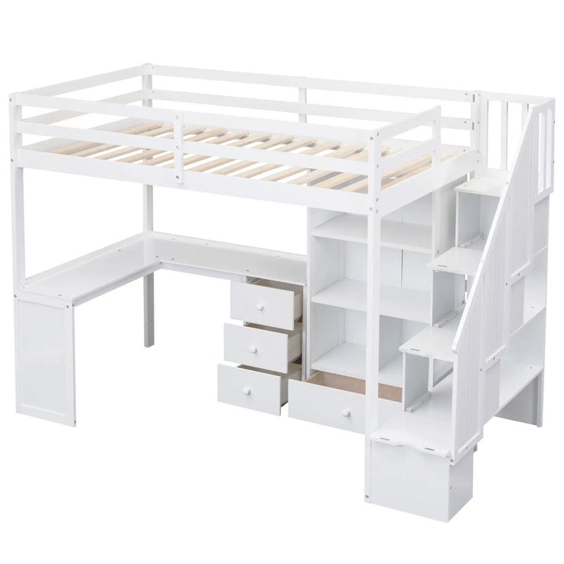 Loft Bed With L Shaped Desk, Drawers, Cabinet, And Storage Staircase by Unique Piece Furniture