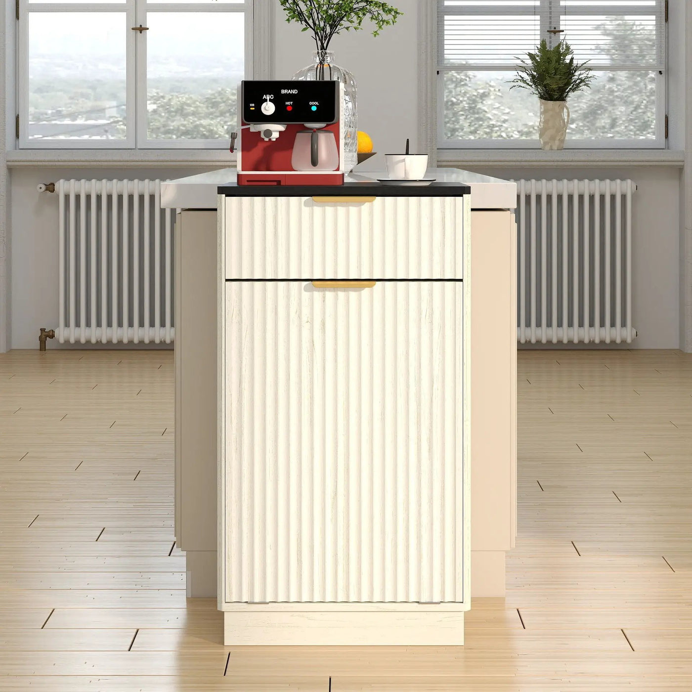 Tilt Out Trash Can Cabinet With Wave Textured Drawer & Pull Out Bin by HouseOfZazla